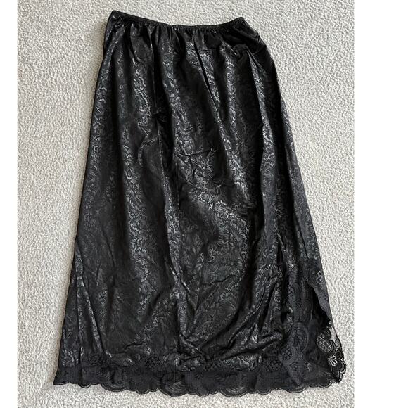 Illusions Other - Vintage Illusion Slip Skirt Large Satin Floral Lace Trim Stretch Black Retro 80s